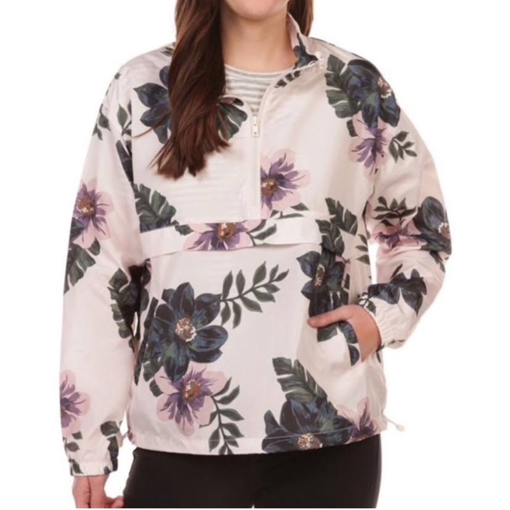 Thread & Supply Women's Pink & Green Floral Print Windbreaker Hooded Pullover
